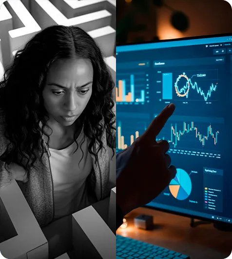 Pessoa analisando decisões financeiras e painel de investimentos